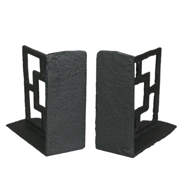 Set of 2 Cast Iron Breeze Block Bookends Decorative Rustic Geometric Shelf Decor - Picture 3 of 5